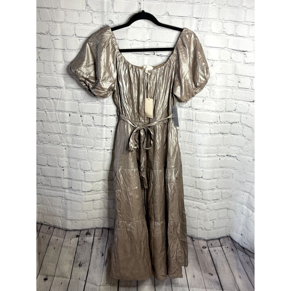 Melloday Metallic Maxi Dress XS Bronze Gold Puff Sleeve Tiered Belted New